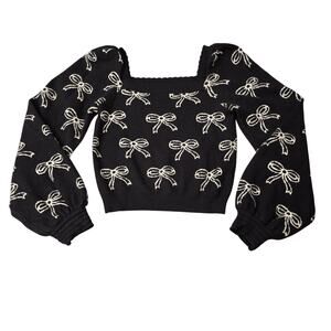 Willow & Wind Crop Sweater Womens L Black Square Neck Bow Knit Coquette Feminine